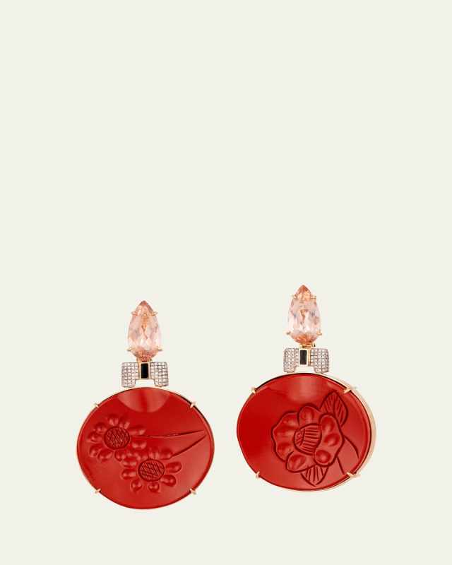 18K Rose Gold Round Red Lacquered Wood Earrings with Black Enamel, Diamonds and Morganite